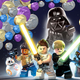 The cast of Lego Star Wars standing together beneath giant piles of multi-colored Lego studs.